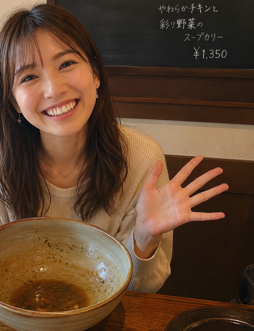 丼を持って笑う見本の写真(AIが生成したものです。実在の人物ではありません)